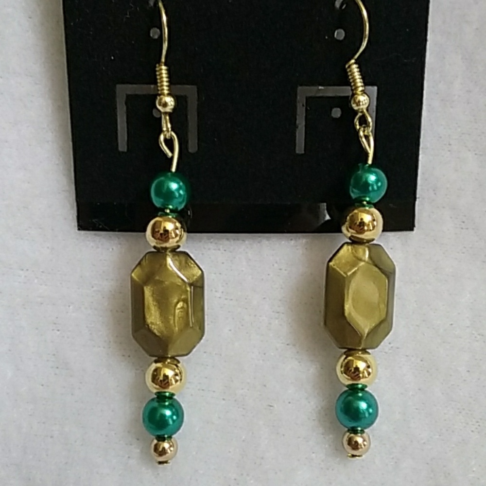 Gold and green beaded hook earrings